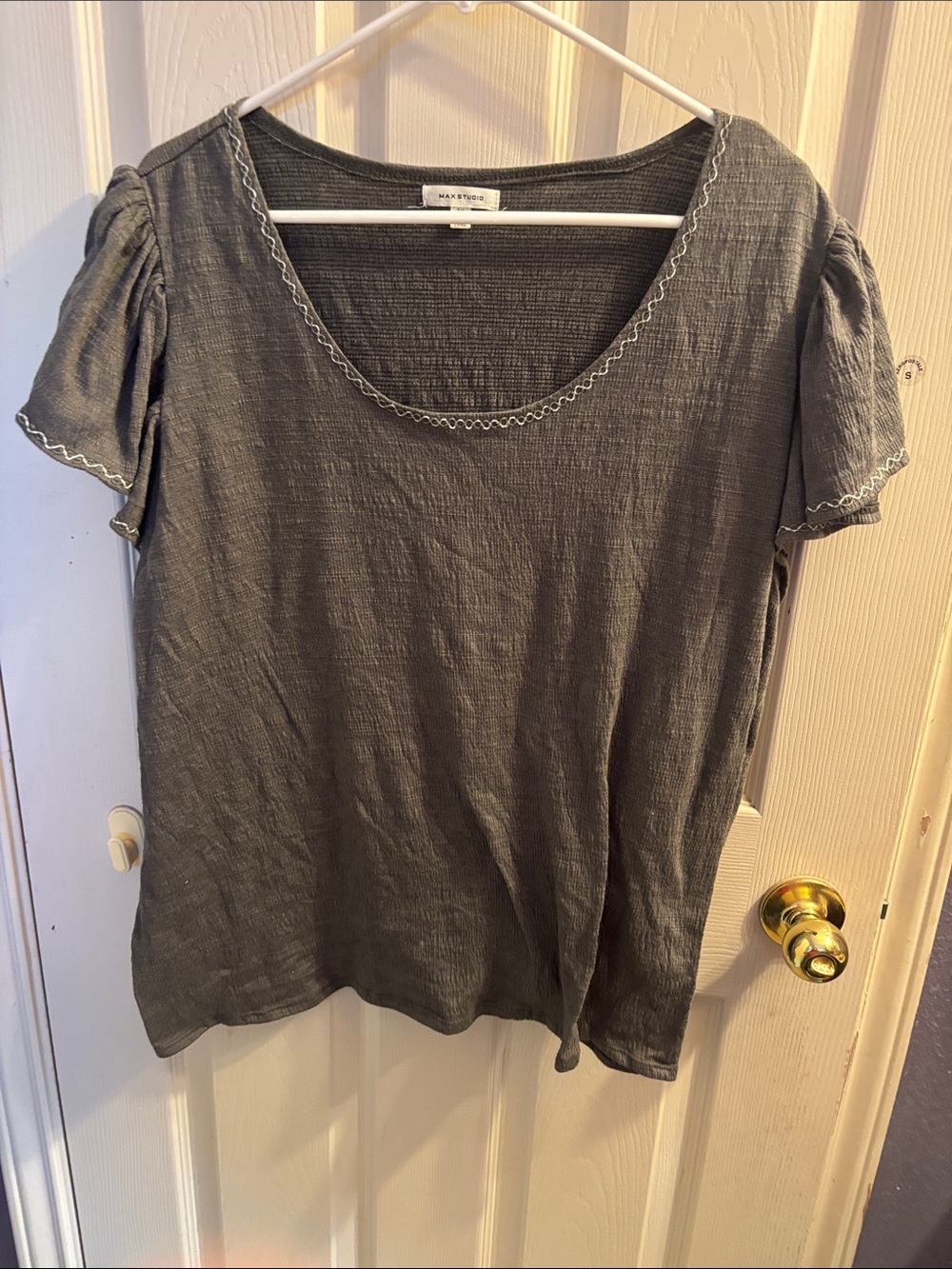 Max Studio Gray Scoop Neck Short Sleeve Top with trim.